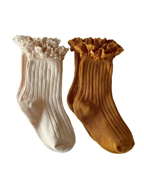 2-Pack Lace Trim Ribbed Socks, Ivory & Ochre