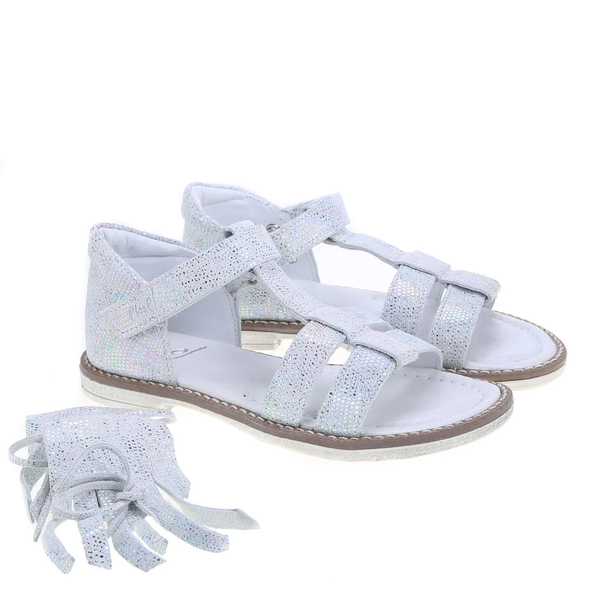 (2618A) Emel white shiny sandals fringes