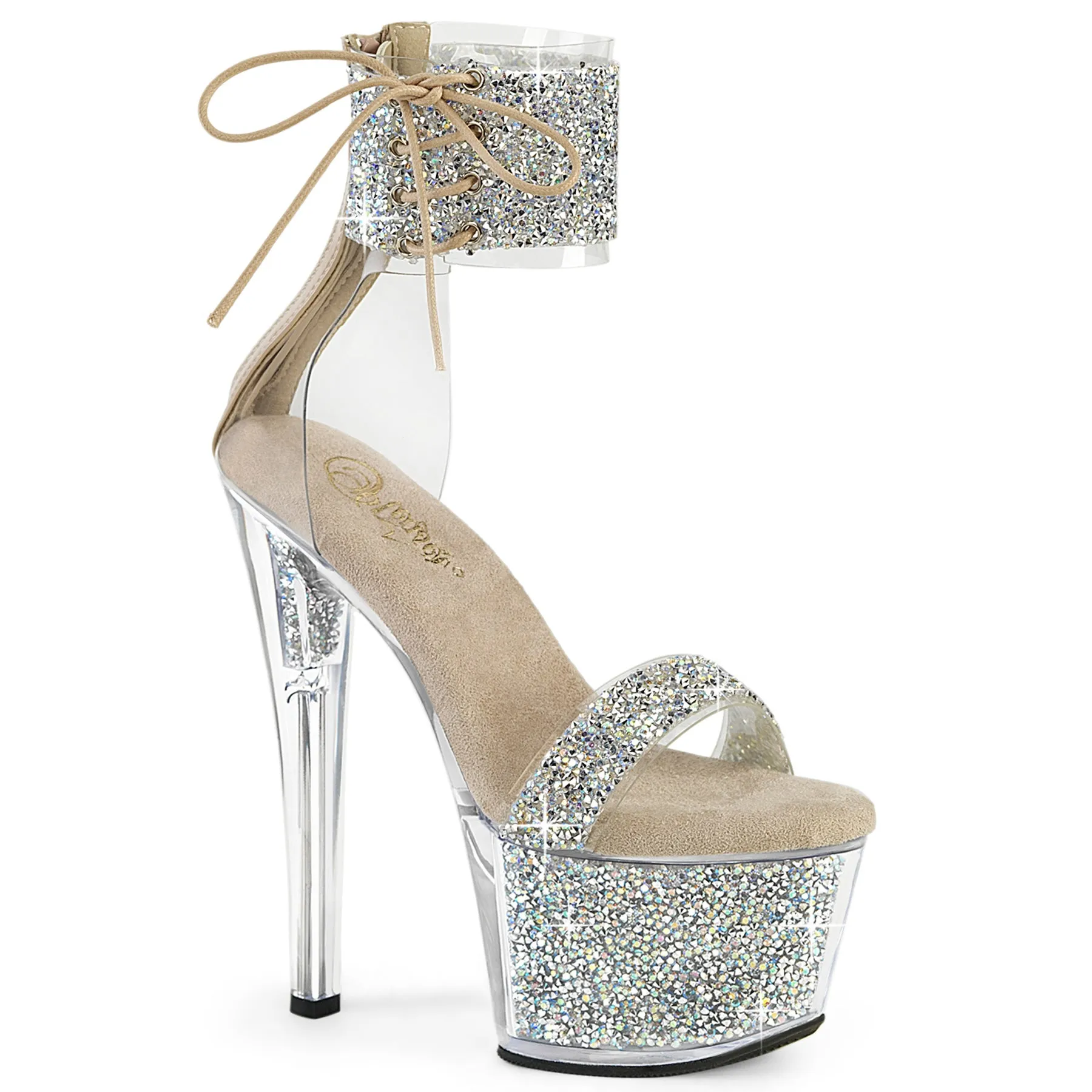 7 Inch Heel SKY-327RSI Nude Silver Rhinestone