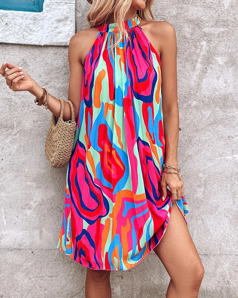 Abstract Print Sleeveless Pleated Casual Dress