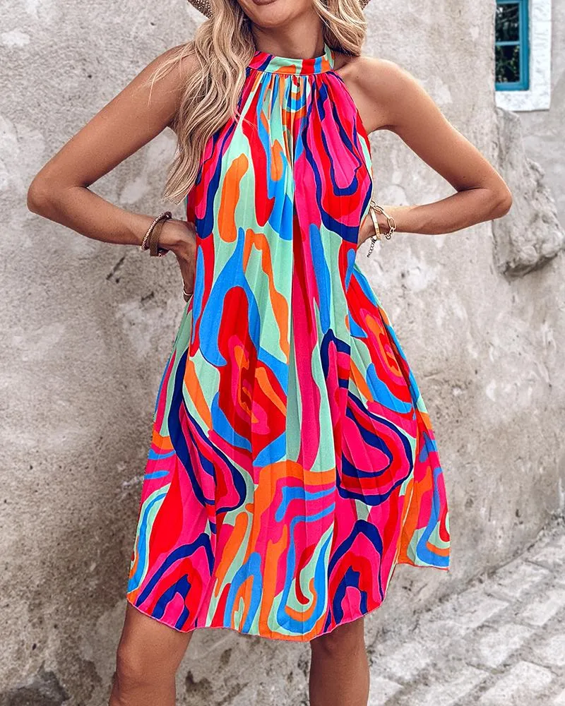 Abstract Print Sleeveless Pleated Casual Dress