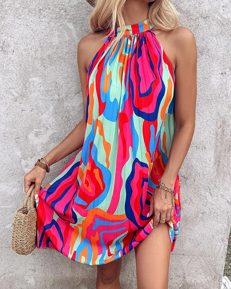 Abstract Print Sleeveless Pleated Casual Dress