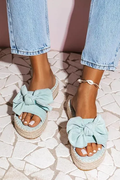 Bow Straw Platform Slippers