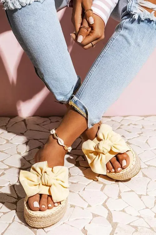 Bow Straw Platform Slippers