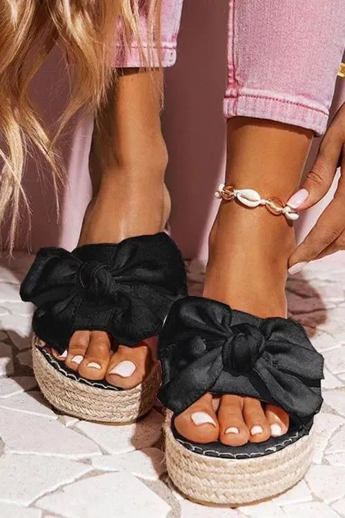 Bow Straw Platform Slippers