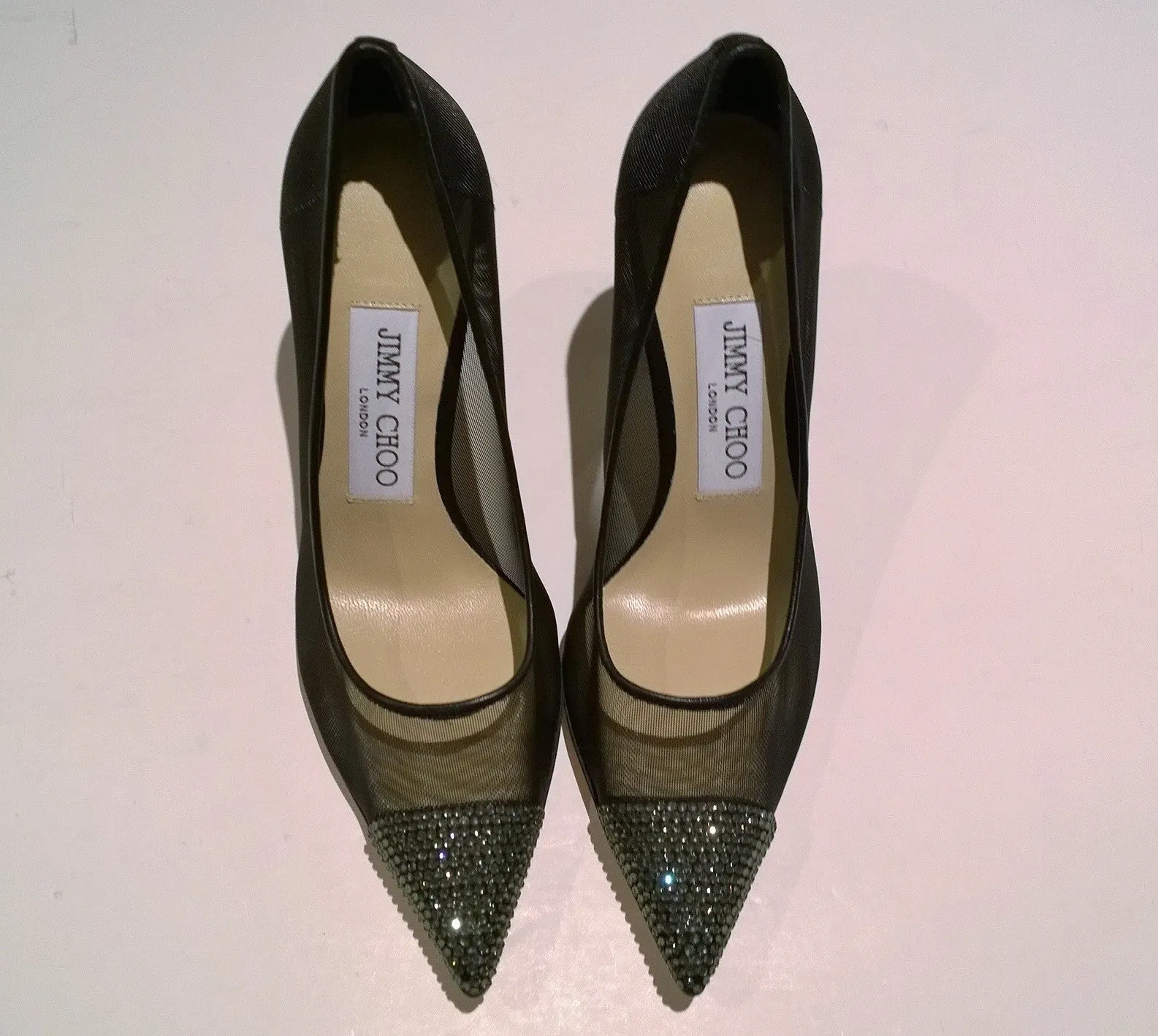 Jimmy Choo Amika 85 Black Mesh and Rhinestone Heels Black Diamond New Shoes