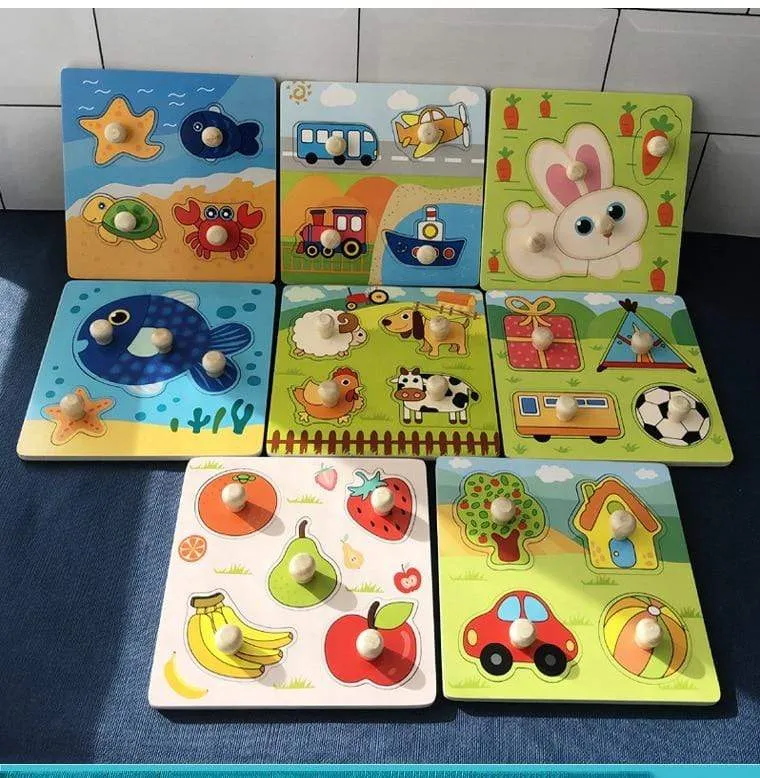 Kids Hand Grab Board 3D Puzzle Wooden Toys for Children Cartoon Animal Wood Jigsaw Toddler Baby Early Educational Learning Toy