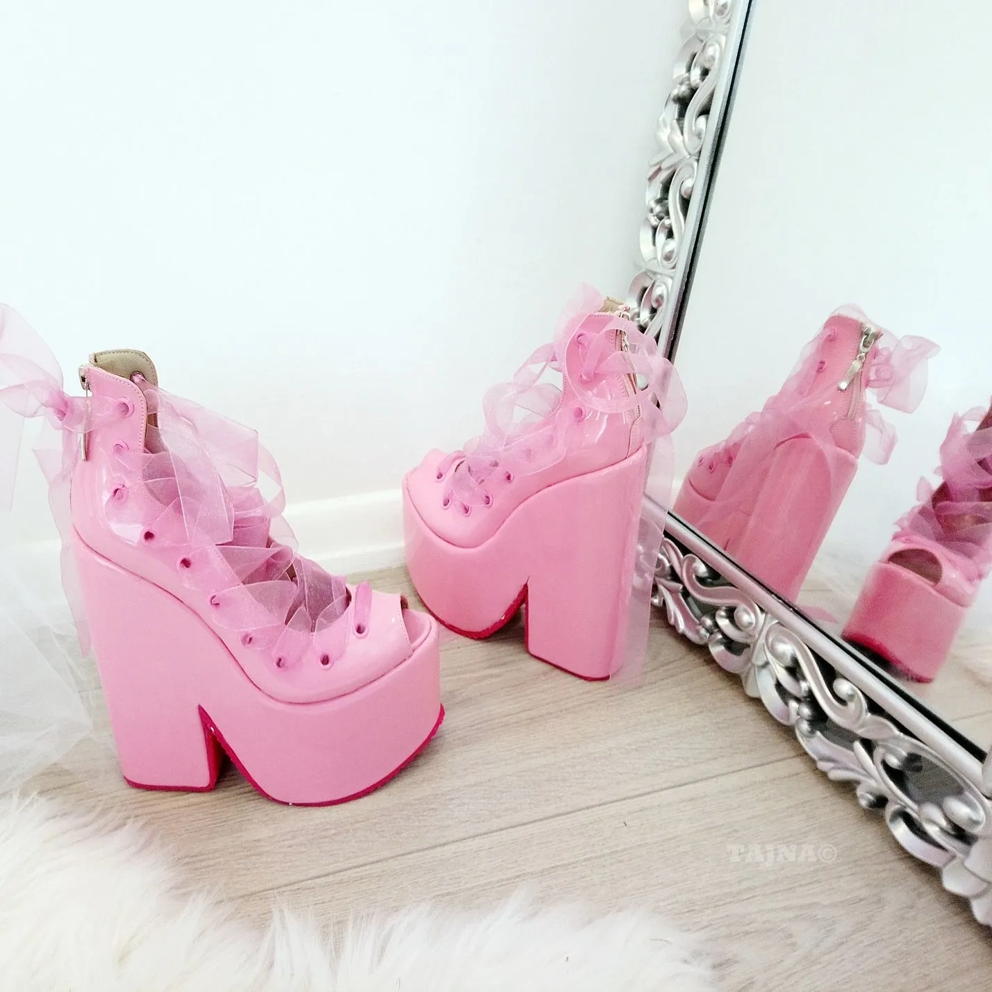 Lace Up Designer Light Pink Wedge Platform Shoes