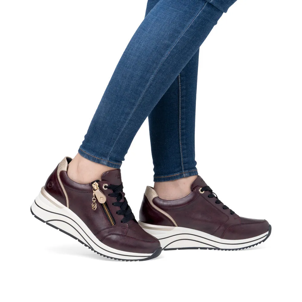 Ladies Lace Up Trainers Sneakers Burgundy Zip Wedge D0T03-35