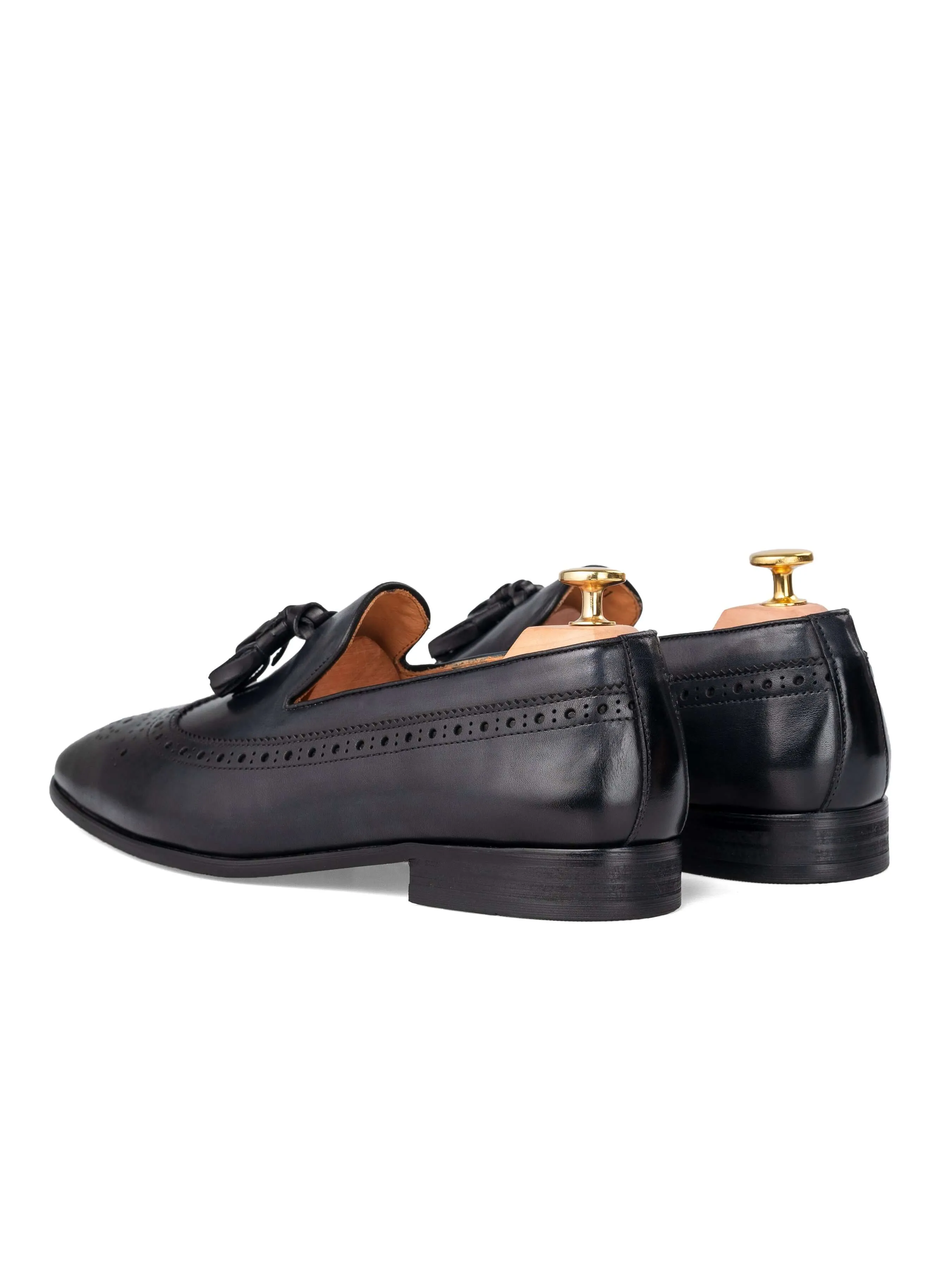 Loafer Slipper Longwing Brogue - Black Grey with Tassel (Hand Painted Patina)