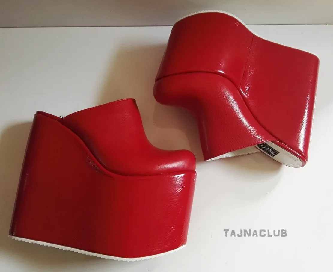 Mules Faux Patent Leather Red Wedge Heel Platform High Heels Shoes