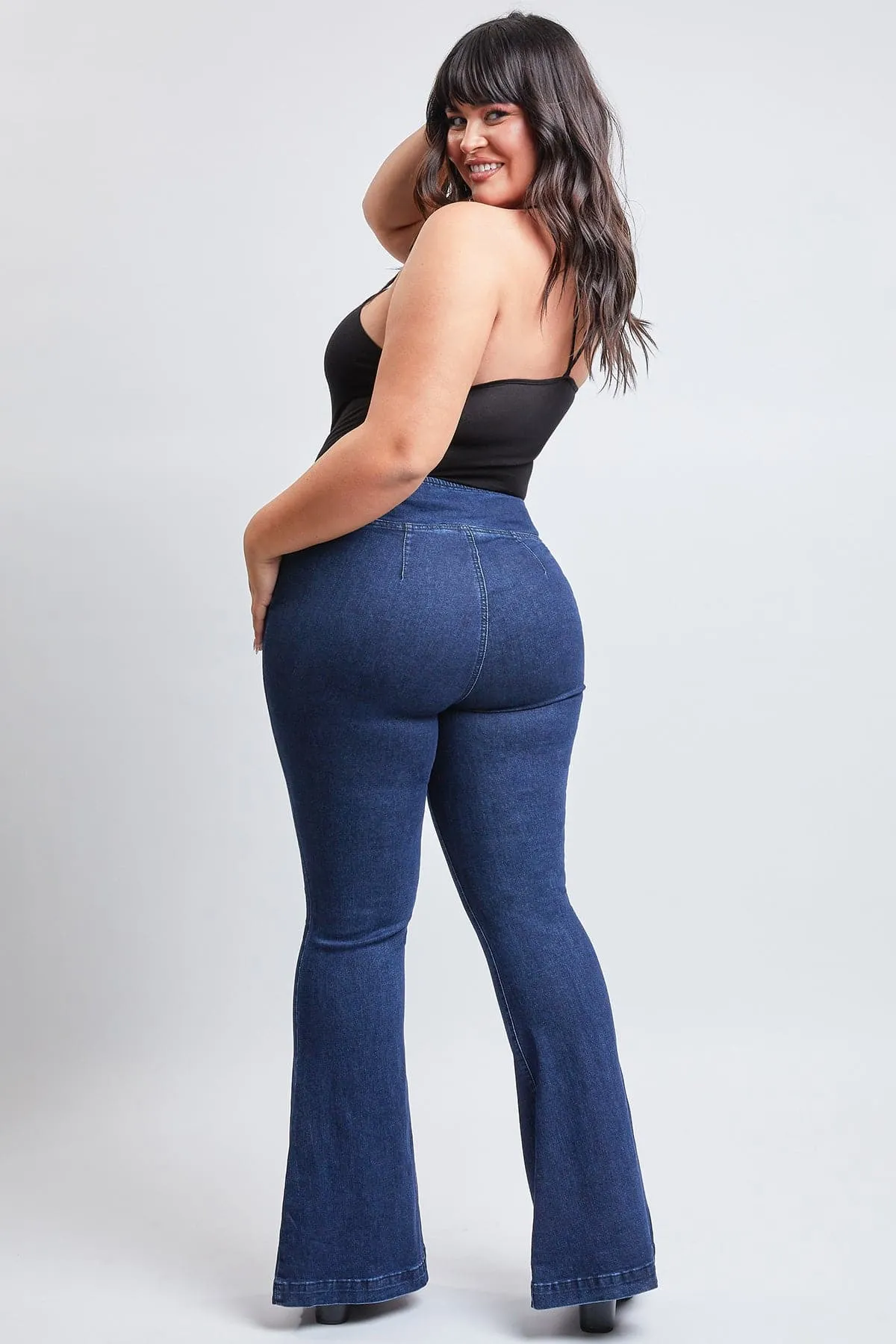 Plus Size Women's V-Front Pull On Flare Jeans-Sale