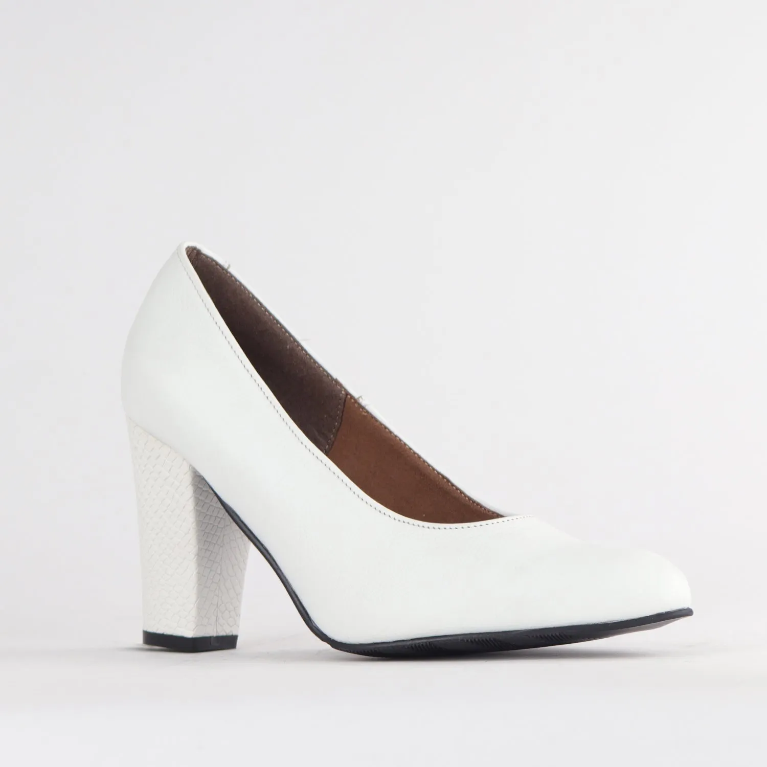 Pointed Court Shoes with Block High Heel in White Multi - 12625