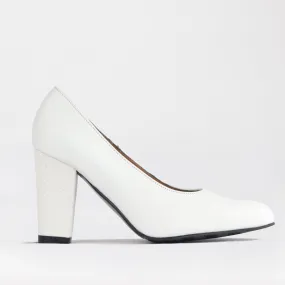 Pointed Court Shoes with Block High Heel in White Multi - 12625