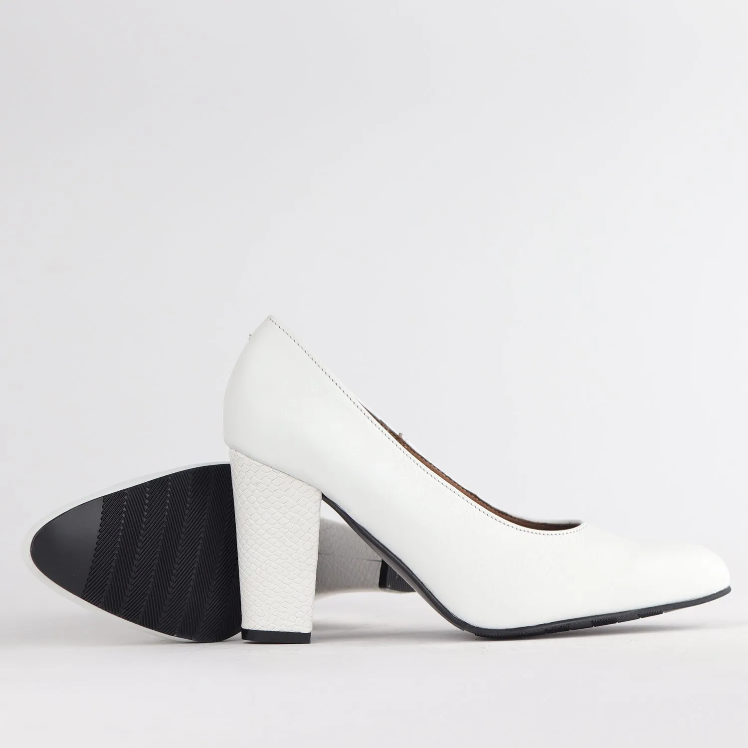 Pointed Court Shoes with Block High Heel in White Multi - 12625