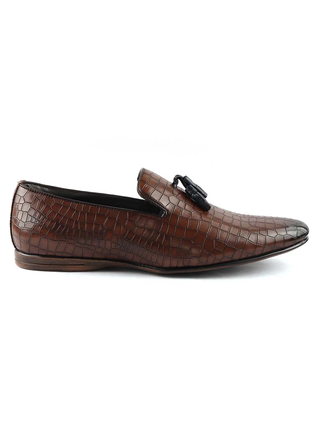 Tan Croco Tassel Loafers