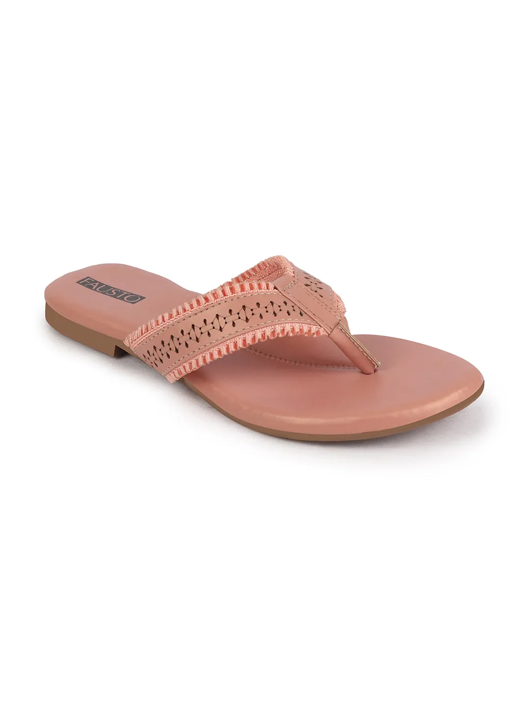 Women Pink Laser Cut Design T-Strap Thong Slip On Flats Slippers